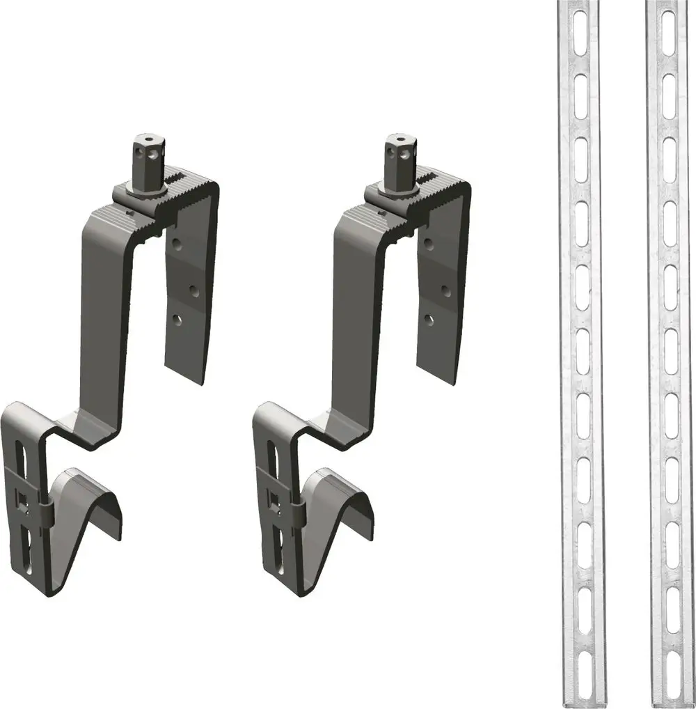 Zwei metallene Halterungen mit einer senkrechten Vertiefung und zwei langen Schienen zur Montage, geeignet für Schneelastprofile. Produkt von Bosch.